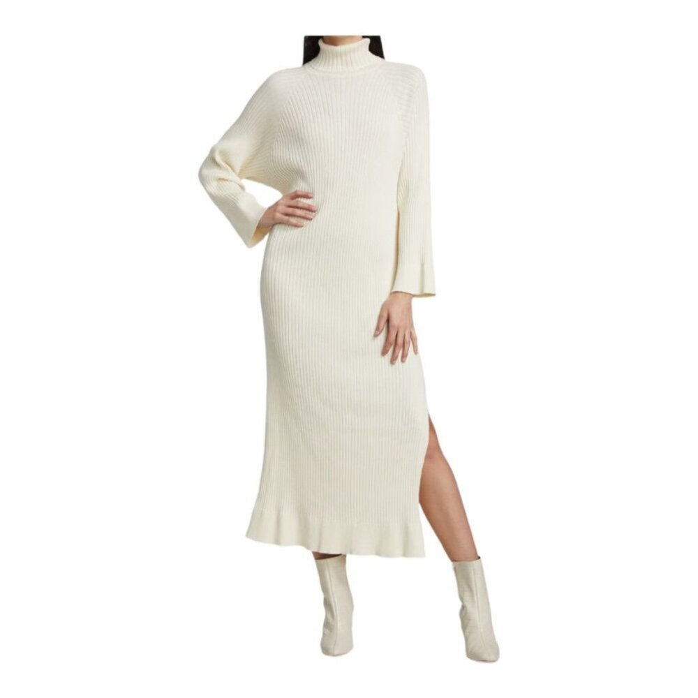 ANNA QUAN Rosaline Roll-Neck Cotton Knit Midi Dress Cream Size 8